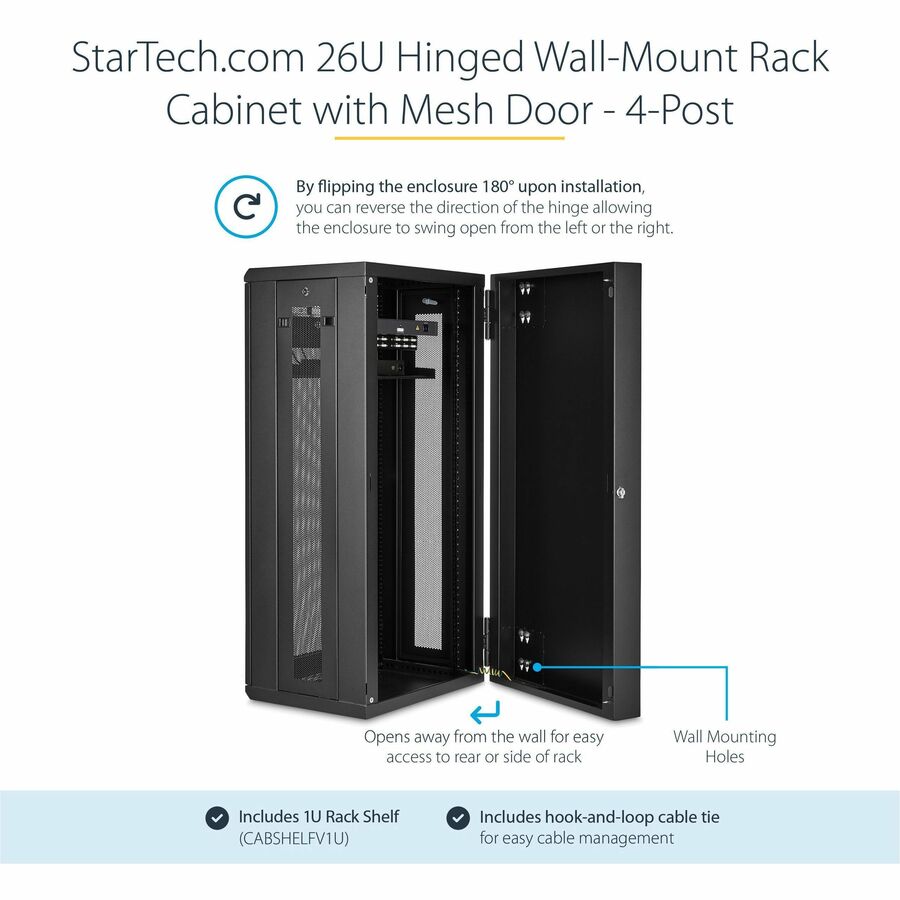 StarTech.com Armoire réseau murale 26U 19" - 16" de profondeur, verrouillable, pour rack de données informatiques flexible, boîtier de commutation ventilé avec étagère RK2620WALHM