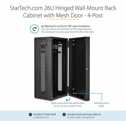 StarTech.com Armoire réseau murale 26U 19" - 16" de profondeur, verrouillable, pour rack de données informatiques flexible, boîtier de commutation ventilé avec étagère RK2620WALHM