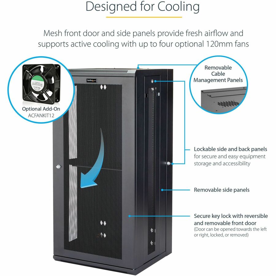 StarTech.com Armoire réseau murale 26U 19" - 16" de profondeur, verrouillable, pour rack de données informatiques flexible, boîtier de commutation ventilé avec étagère RK2620WALHM
