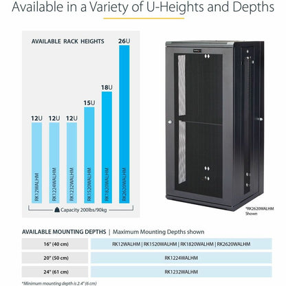 StarTech.com Armoire réseau murale 26U 19" - 16" de profondeur, verrouillable, pour rack de données informatiques flexible, boîtier de commutation ventilé avec étagère RK2620WALHM