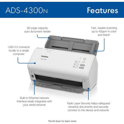 Brother ADS-4300N Sheetfed Scanner - 600 x 600 dpi Optical ADS4300N