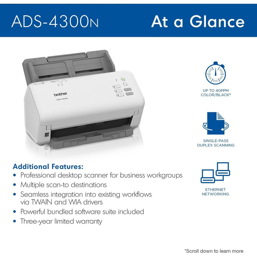 Brother ADS-4300N Sheetfed Scanner - 600 x 600 dpi Optical ADS4300N