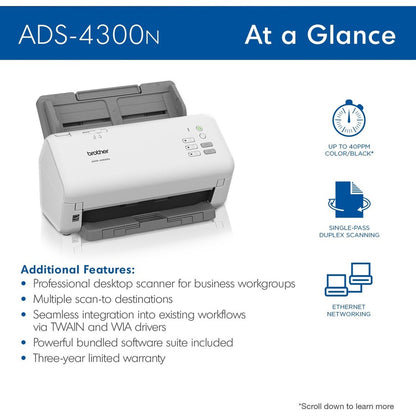 Brother ADS-4300N Sheetfed Scanner - 600 x 600 dpi Optical ADS4300N