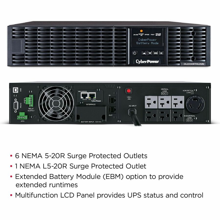 Systèmes d'onduleurs CyberPower OL2200RTXL2UN Smart App en ligne - Capacité : 2200 VA / 1800 W OL2200RTXL2UN