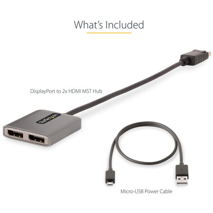 StarTech.com DP to Dual HDMI MST HUB, Dual HDMI 4K 60Hz, 2 Port DisplayPort Multi Monitor Adapter with 1ft/30cm Cable, DP 1.4 | DSC | HBR3 MST14DP122HD