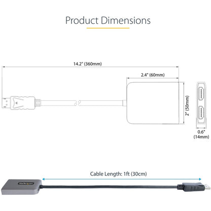 StarTech.com DP to Dual HDMI MST HUB, Dual HDMI 4K 60Hz, 2 Port DisplayPort Multi Monitor Adapter with 1ft/30cm Cable, DP 1.4 | DSC | HBR3 MST14DP122HD