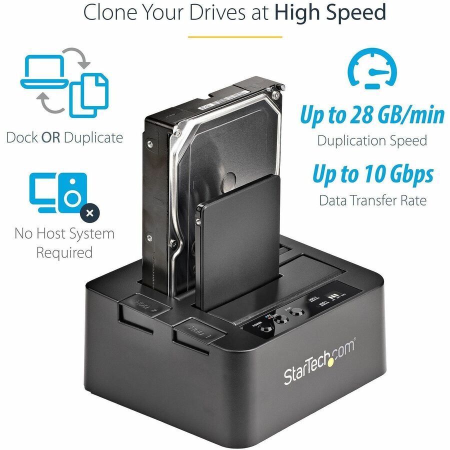 StarTech.com Standalone Hard Drive Duplicator, External Dual Bay HDD/SSD Cloner/Copier, USB 3.1 to SATA Drive Docking Station, Disk Cloner SDOCK2U313R