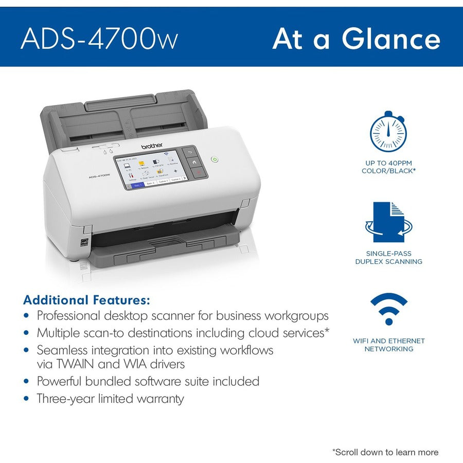 Brother ADS-4700W Sheetfed Scanner - 600 x 600 dpi Optical ADS4700W