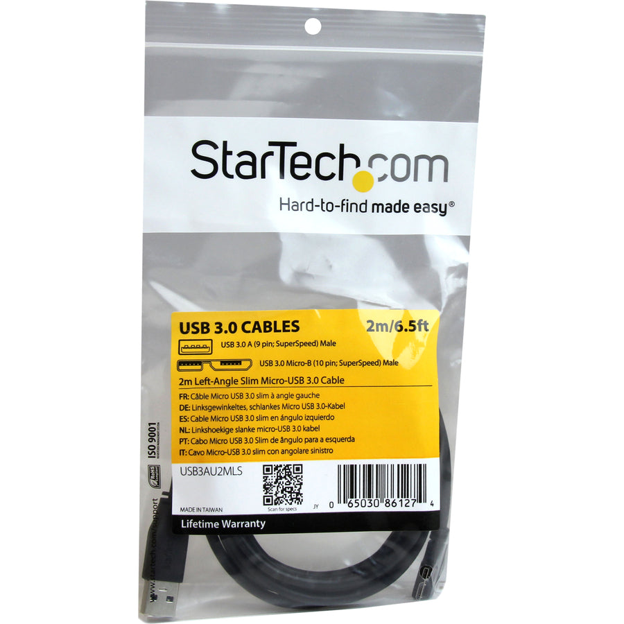 Câble micro USB 3.0 fin StarTech.com de 2 m (5 Gbit/s) - M/M - USB 3.0 A vers micro USB coudé vers la gauche - USB 3.2 Gen 1 USB3AU2MLS