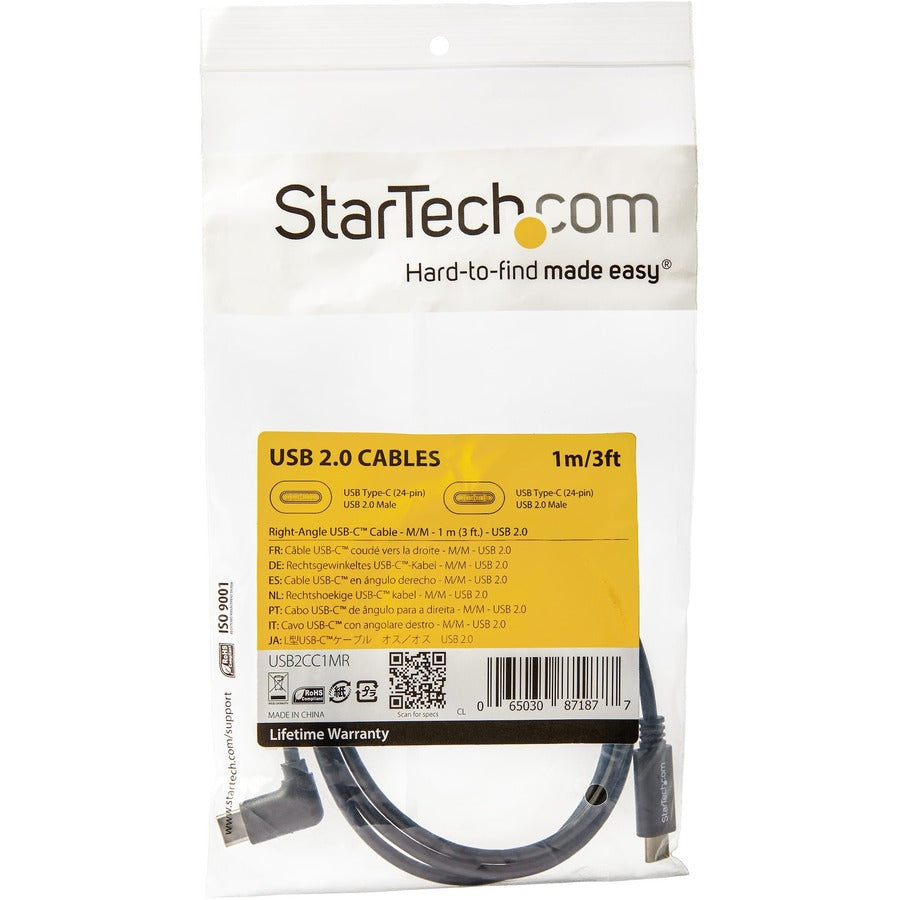 StarTech.com Câble USB-C à angle droit M/M de 1 m - USB 2.0 - Câble USB Type C - Câble USB-C à 90 degrés - Câble USB C vers USB C - Câble de charge USB-C USB2CC1MR