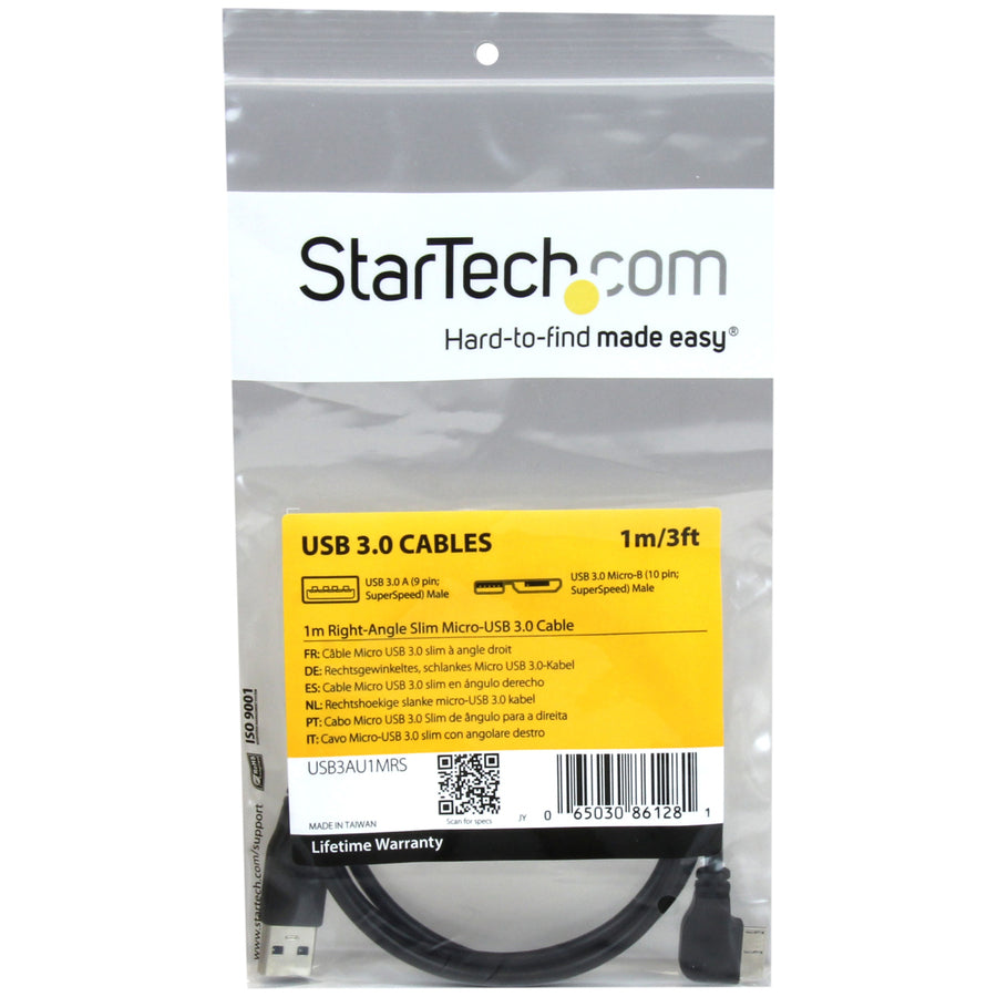 Câble micro USB 3.0 fin StarTech.com (5 Gbit/s) de 1 m - M/M - USB 3.0 A vers micro USB à angle droit - USB 3.2 Gen 1 USB3AU1MRS