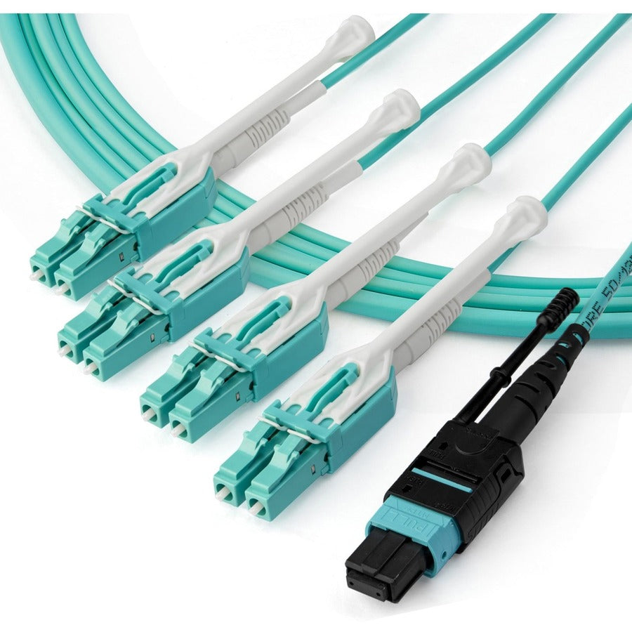 Câble fibre optique multimode OM3 duplex MTP(F)/PC vers 4x LC/PC de 1 m (3 pi), 40G, faible perte d'insertion, cordon de raccordement fibre optique MPO8LCPL1M