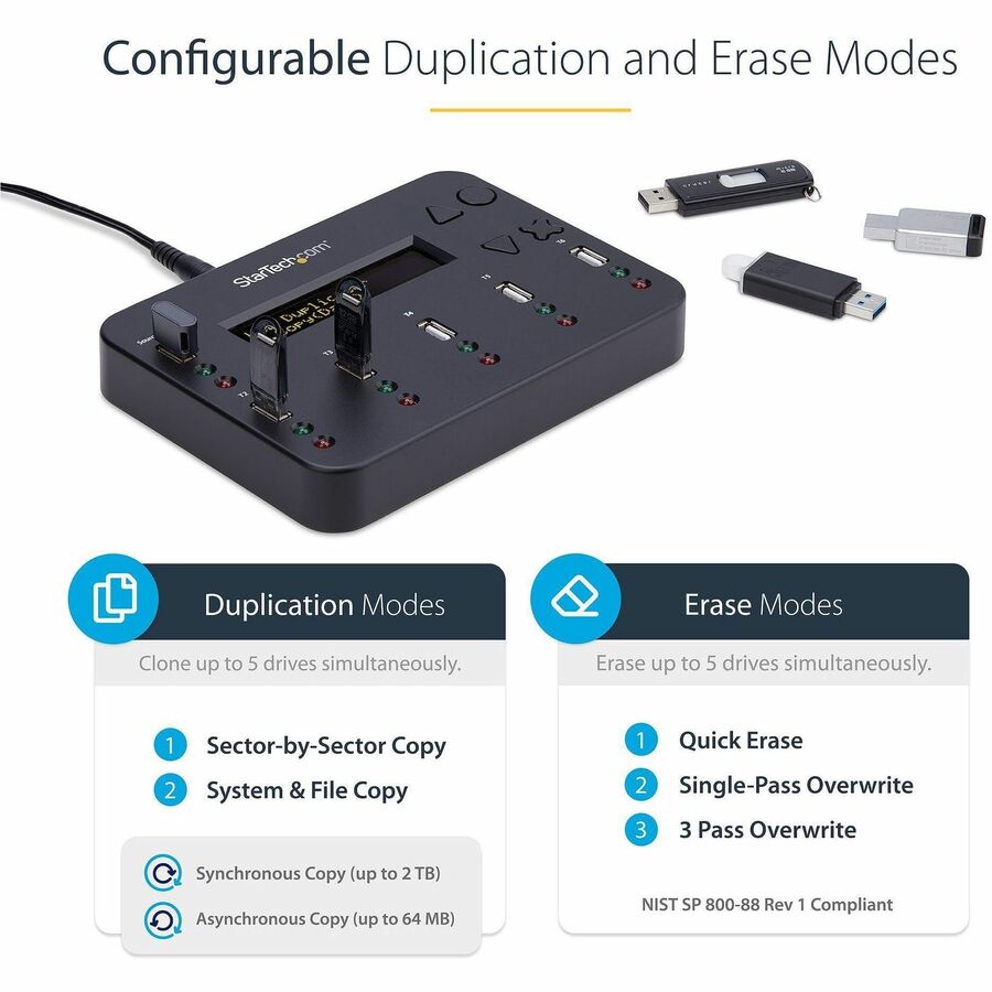 StarTech.com Standalone 1 to 5 USB Thumb Drive Duplicator/Eraser, Multiple USB Flash Drive Copier/Cloner, Sector-by-Sector Copy, Sanitizer USBDUP15