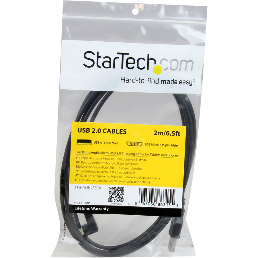 Câble de charge et de synchronisation micro-USB à angle droit StarTech.com de 2 m (6 pi) M/M - USB 2.0 A vers micro USB - 24 AWG USBAUB2MRA
