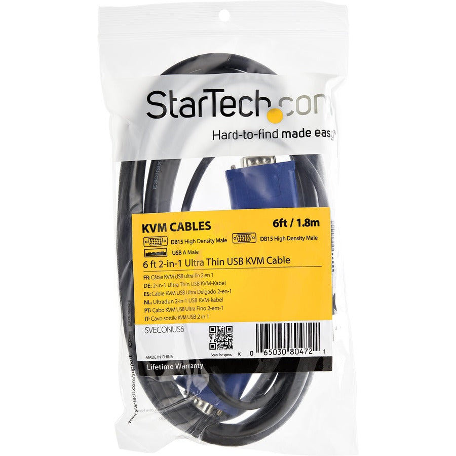 Câble KVM USB ultra fin 2 en 1 de 4,6 m StarTech.com - Câble vidéo/USB - USB type A à 4 broches, HD-15 (M) - HD-15 (M) - 4,57 m SVECONUS15