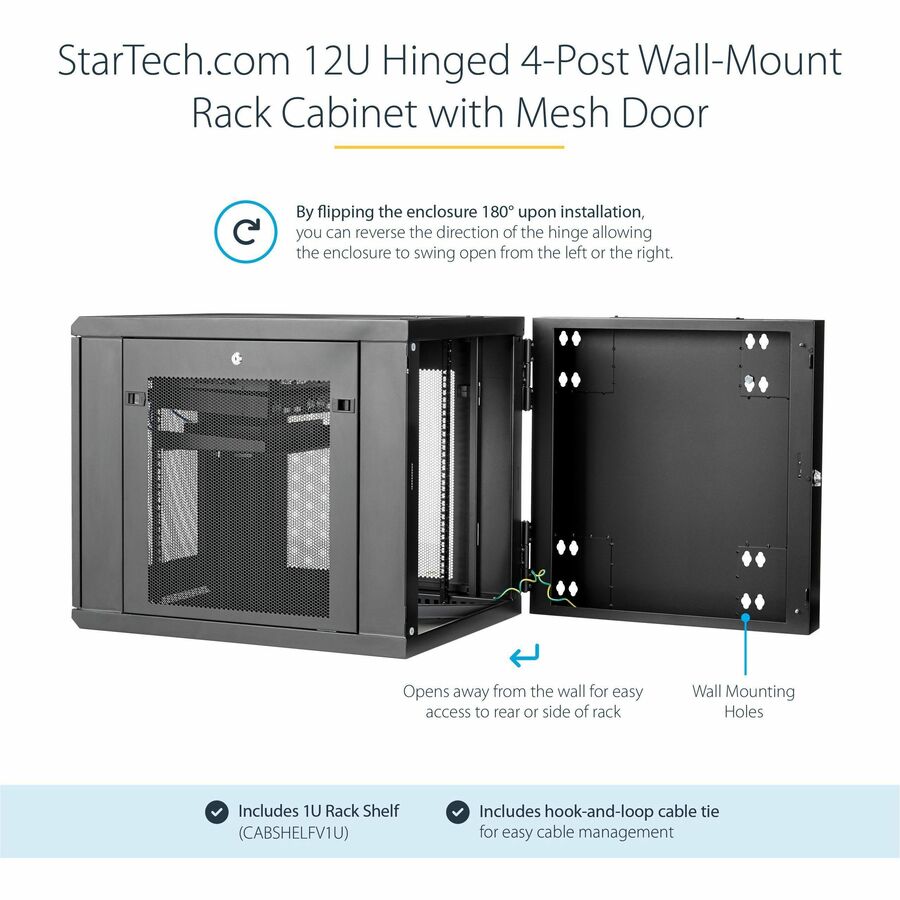 StarTech.com Armoire réseau murale 12U 19" - Boîtier de salle serveur ventilé à charnières de 24" de profondeur, rack d'équipement informatique flexible verrouillable avec étagère RK1232WALHM