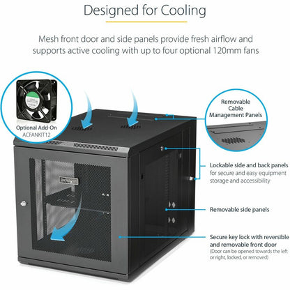 StarTech.com Armoire réseau murale 12U 19" - Boîtier de salle serveur ventilé à charnières de 24" de profondeur, rack d'équipement informatique flexible verrouillable avec étagère RK1232WALHM