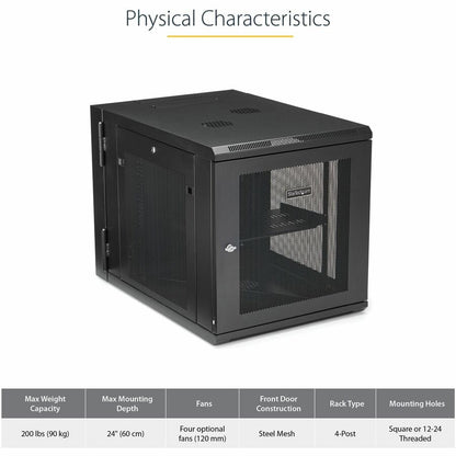 StarTech.com Armoire réseau murale 12U 19" - Boîtier de salle serveur ventilé à charnières de 24" de profondeur, rack d'équipement informatique flexible verrouillable avec étagère RK1232WALHM