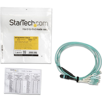 StarTech.com Câble à fibre optique multimode MTP(F)/PC vers 4x LC/PC Duplex Breakout OM3 de 2 m (6 pi), 40G, faible perte d'insertion, cordon de raccordement à fibre optique MPO8LCPL2M