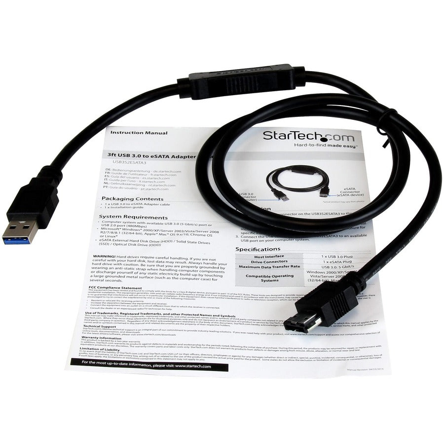 Câble adaptateur USB 3.0 vers eSATA HDD/SSD/ODD StarTech.com - 0,9 m Câble adaptateur eSATA pour disque dur vers USB 3.0 - SATA 6 Gbit/s USB3S2ESATA3