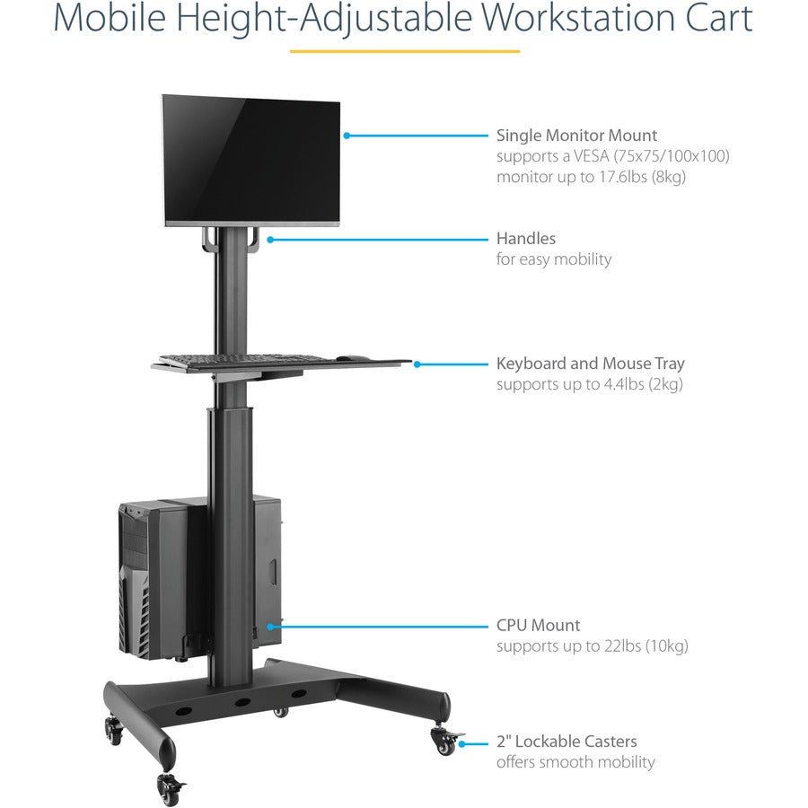 StarTech.com Mobile Standing Workstation with Monitor Mount, CPU/PC Holder, Height Adjustable Desktop Computer Cart, Standing Workstation WKSTNCART