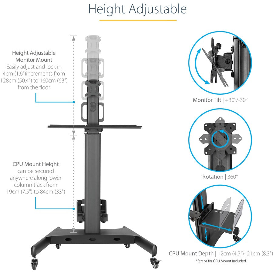 StarTech.com Mobile Standing Workstation with Monitor Mount, CPU/PC Holder, Height Adjustable Desktop Computer Cart, Standing Workstation WKSTNCART