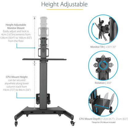 StarTech.com Mobile Standing Workstation with Monitor Mount, CPU/PC Holder, Height Adjustable Desktop Computer Cart, Standing Workstation WKSTNCART