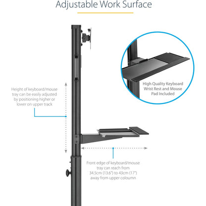 StarTech.com Mobile Standing Workstation with Monitor Mount, CPU/PC Holder, Height Adjustable Desktop Computer Cart, Standing Workstation WKSTNCART