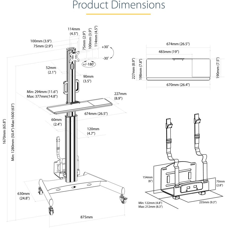StarTech.com Mobile Standing Workstation with Monitor Mount, CPU/PC Holder, Height Adjustable Desktop Computer Cart, Standing Workstation WKSTNCART
