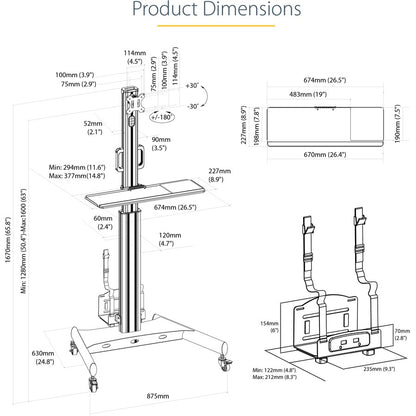 StarTech.com Mobile Standing Workstation with Monitor Mount, CPU/PC Holder, Height Adjustable Desktop Computer Cart, Standing Workstation WKSTNCART
