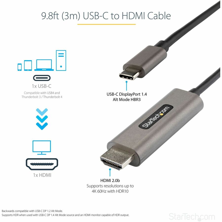 StarTech.com Câble USB C vers HDMI 4K 60 Hz avec HDR10, câble adaptateur vidéo Ultra HD USB Type-C vers HDMI 2.0b de 3 m, DP 1.4 Alt Mode HBR3 CDP2HDMM3MH