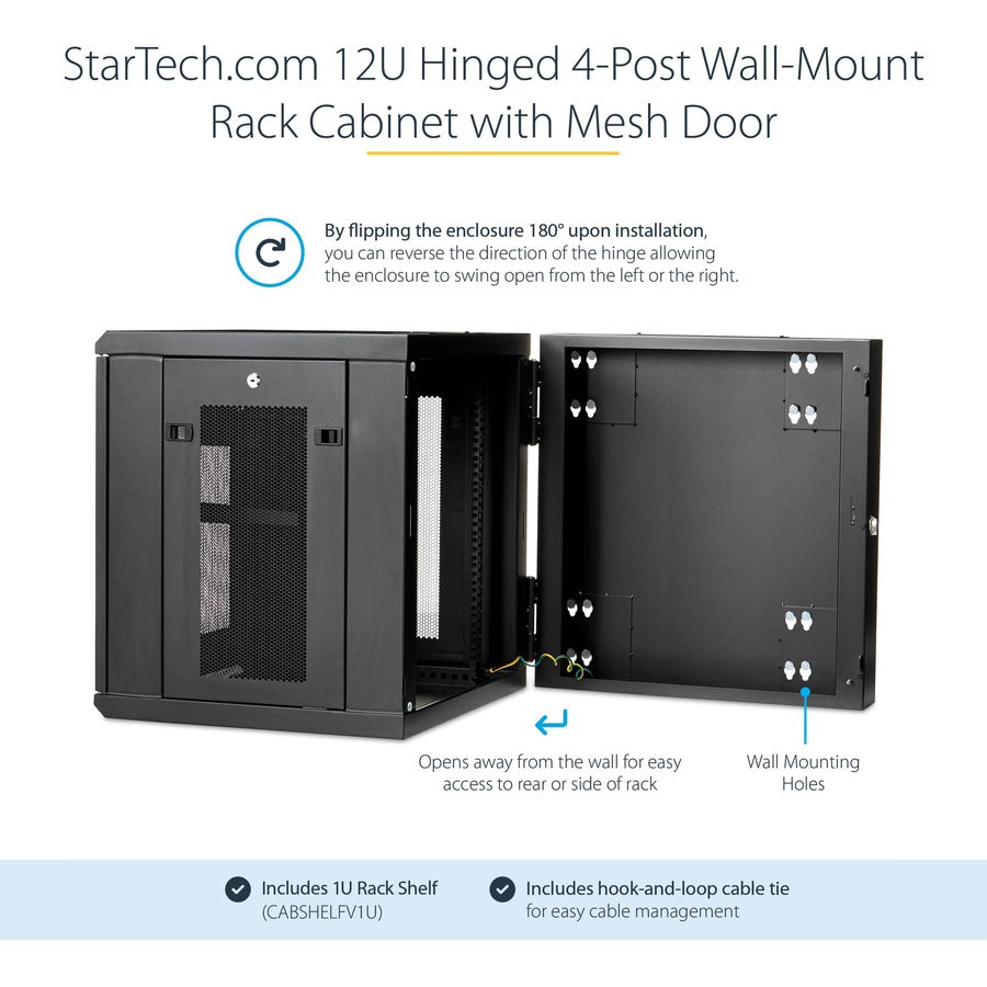 StarTech.com Armoire réseau murale 12U 19" - Boîtier de données informatiques verrouillable à charnière de 20" de profondeur - Rack ventilé flexible avec étagère - Profondeur de commutateur RK1224WALHM