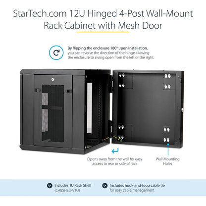 StarTech.com Armoire réseau murale 12U 19" - Boîtier de données informatiques verrouillable à charnière de 20" de profondeur - Rack ventilé flexible avec étagère - Profondeur de commutateur RK1224WALHM