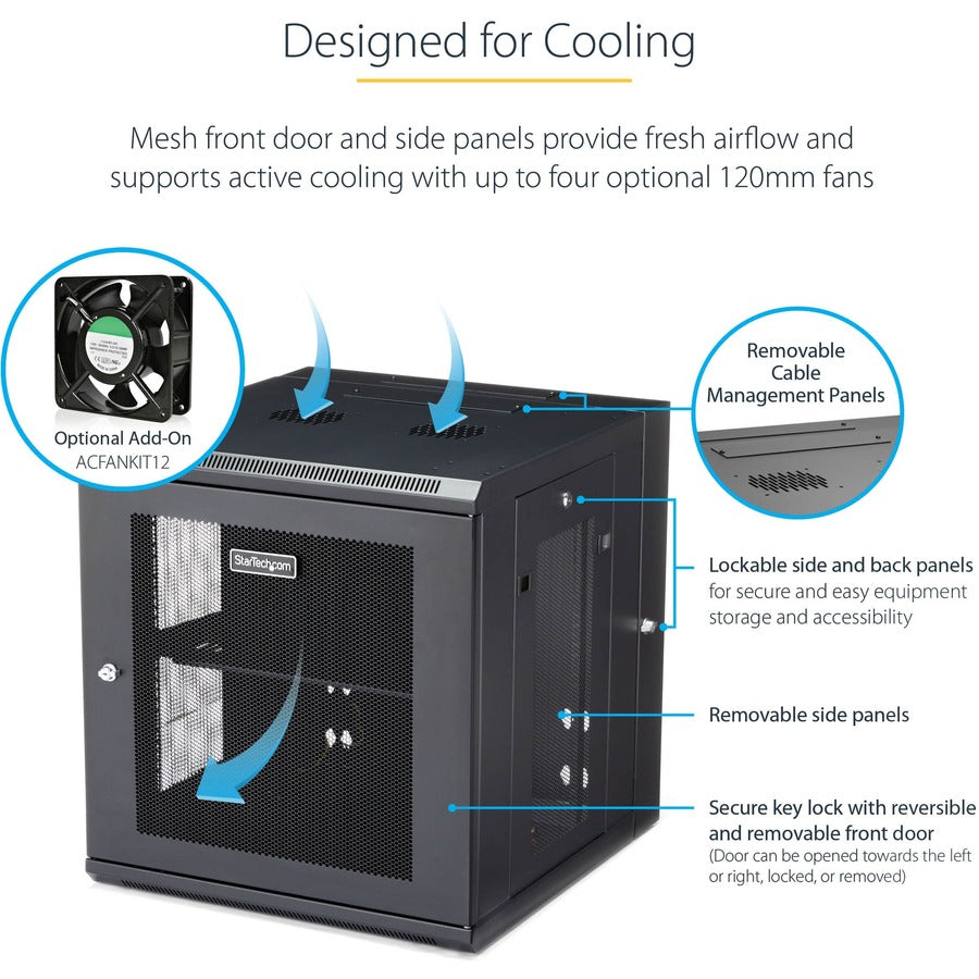 StarTech.com Armoire réseau murale 12U 19" - Boîtier de données informatiques verrouillable à charnière de 20" de profondeur - Rack ventilé flexible avec étagère - Profondeur de commutateur RK1224WALHM