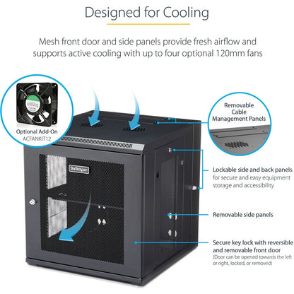 StarTech.com Armoire réseau murale 12U 19" - Boîtier de données informatiques verrouillable à charnière de 20" de profondeur - Rack ventilé flexible avec étagère - Profondeur de commutateur RK1224WALHM