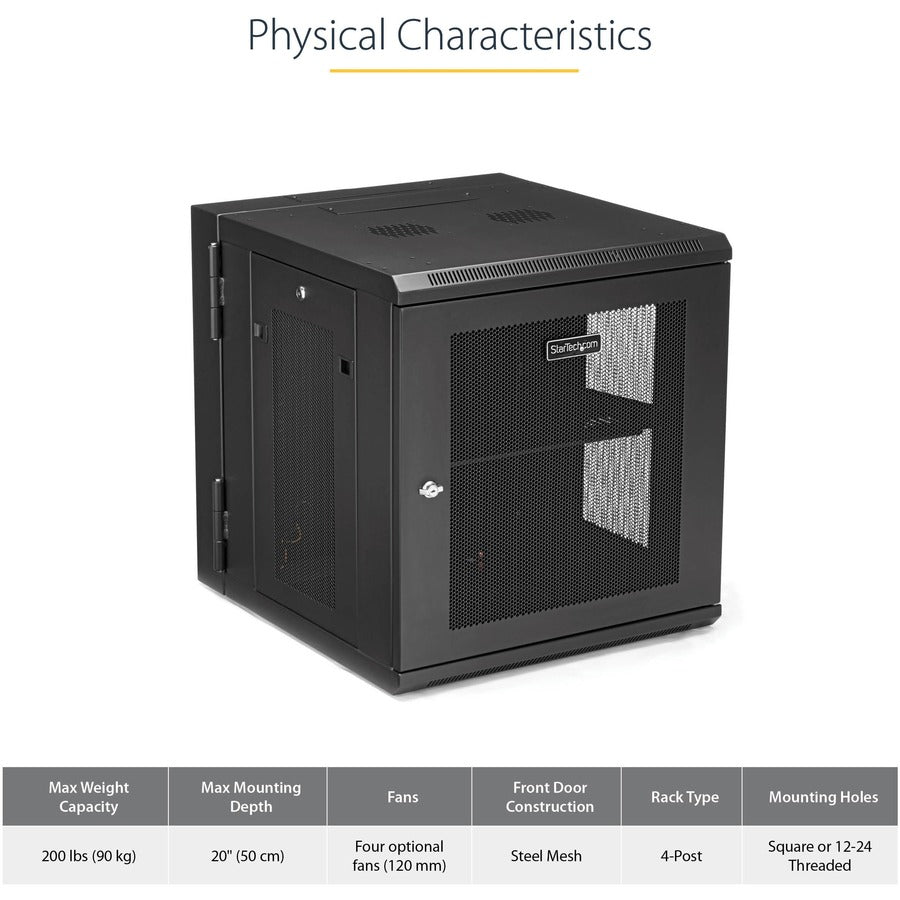 StarTech.com Armoire réseau murale 12U 19" - Boîtier de données informatiques verrouillable à charnière de 20" de profondeur - Rack ventilé flexible avec étagère - Profondeur de commutateur RK1224WALHM