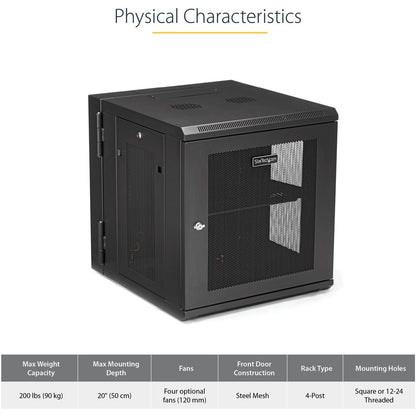 StarTech.com Armoire réseau murale 12U 19" - Boîtier de données informatiques verrouillable à charnière de 20" de profondeur - Rack ventilé flexible avec étagère - Profondeur de commutateur RK1224WALHM