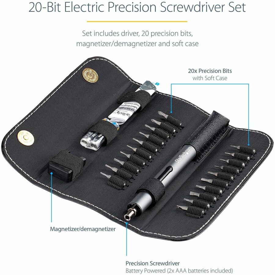 StarTech.com Jeu de tournevis de précision électrique 20 embouts, sans fil/alimenté par batterie, kit de tournevis à embout magnétique pour réparation d'ordinateur portable/ordinateur/téléphone CTK20PCEDRIVE