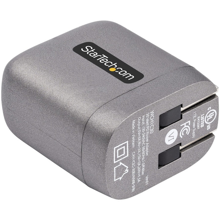 Chargeur mural USB-C 30 W de StarTech.com, chargeur portable GaN avec charge rapide USB Power Delivery, certifié USB-IF, câble de 1,8 m, chargeur USB-C WCH1C30