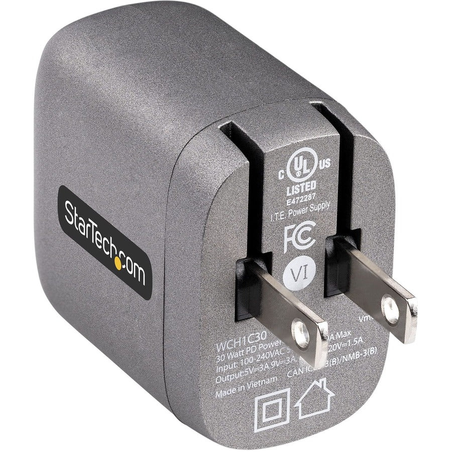 Chargeur mural USB-C 30 W de StarTech.com, chargeur portable GaN avec charge rapide USB Power Delivery, certifié USB-IF, câble de 1,8 m, chargeur USB-C WCH1C30