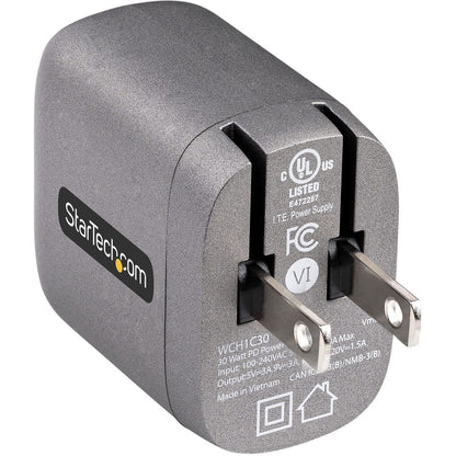 Chargeur mural USB-C 30 W de StarTech.com, chargeur portable GaN avec charge rapide USB Power Delivery, certifié USB-IF, câble de 1,8 m, chargeur USB-C WCH1C30
