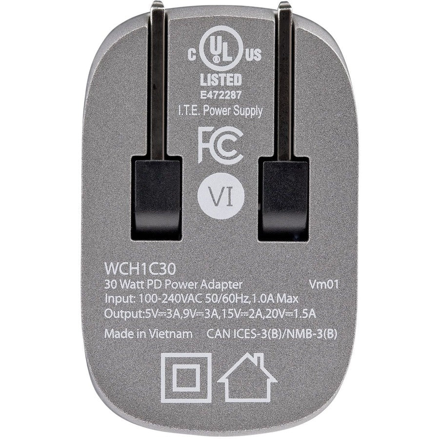 Chargeur mural USB-C 30 W de StarTech.com, chargeur portable GaN avec charge rapide USB Power Delivery, certifié USB-IF, câble de 1,8 m, chargeur USB-C WCH1C30