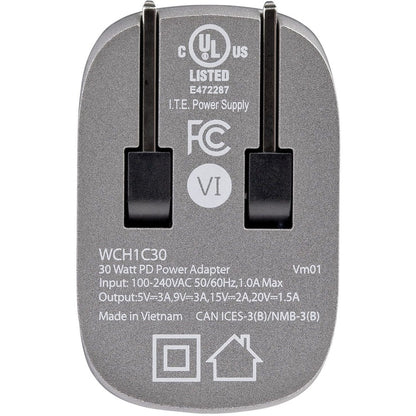 Chargeur mural USB-C 30 W de StarTech.com, chargeur portable GaN avec charge rapide USB Power Delivery, certifié USB-IF, câble de 1,8 m, chargeur USB-C WCH1C30