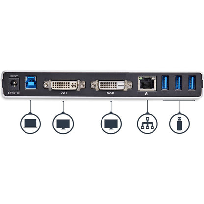 Station d'accueil USB 3.0 pour deux écrans StarTech.com - Sorties DVI - Mac et Windows - Adaptateurs DVI vers VGA et DVI vers HDMI inclus - USB3SDOCKDD USB3SDOCKDD