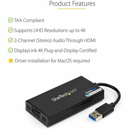 StarTech.com Adaptateur USB 3.0 vers HDMI, 4K 30 Hz UHD, adaptateur d'affichage USB vers HDMI, carte vidéo/graphique externe pour Mac et Windows USB32HD4K