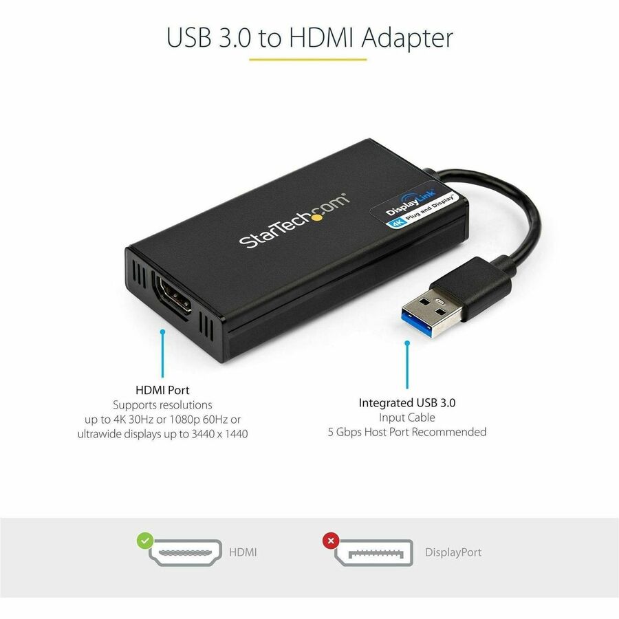 StarTech.com Adaptateur USB 3.0 vers HDMI, 4K 30 Hz UHD, adaptateur d'affichage USB vers HDMI, carte vidéo/graphique externe pour Mac et Windows USB32HD4K