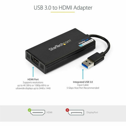 StarTech.com Adaptateur USB 3.0 vers HDMI, 4K 30 Hz UHD, adaptateur d'affichage USB vers HDMI, carte vidéo/graphique externe pour Mac et Windows USB32HD4K