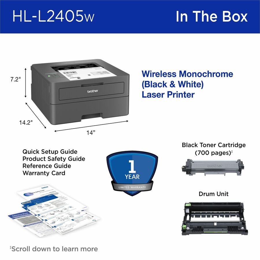 Imprimante laser sans fil de bureau Brother HLL2405W - Monochrome HLL2405W