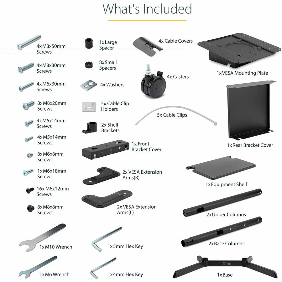 StarTech.com Mobile TV Cart, Support TV portable à roulettes, Support d'écran VESA 37-70 pouces (154 lb/70 kg), Étagère et rangement, Écran rotatif/inclinable MBLTVSTNDEC