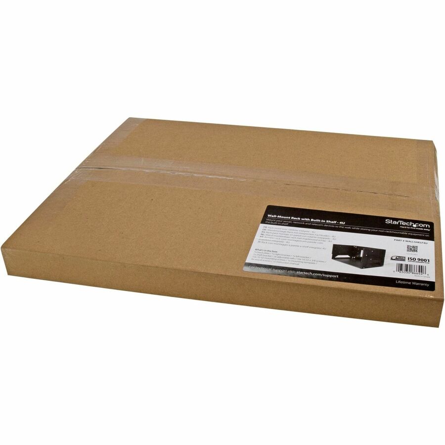 StarTech.com Rack réseau mural ouvert à 2 montants 4U avec étagère intégrée et profondeur réglable, rack informatique pour équipement informatique, TAA~ WALLSHELF4U